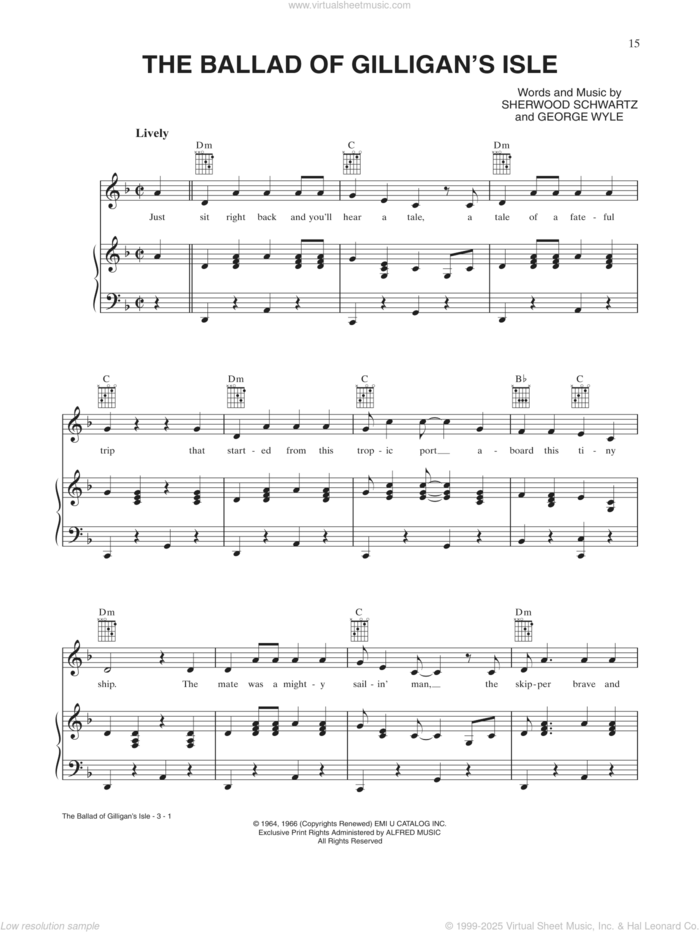 The Ballad of Gilligan's Isle (from Gilligan's Island) sheet music for voice, piano or guitar by Sherwood Schwartz and George Wyle, George Wyle and Sherwood Schwartz, intermediate skill level