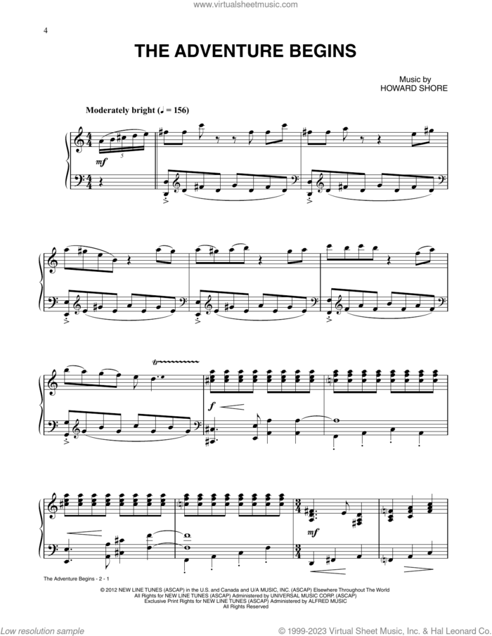The Adventure Begins (from The Hobbit: An Unexpected Journey) sheet music for piano solo by Howard Shore, intermediate skill level