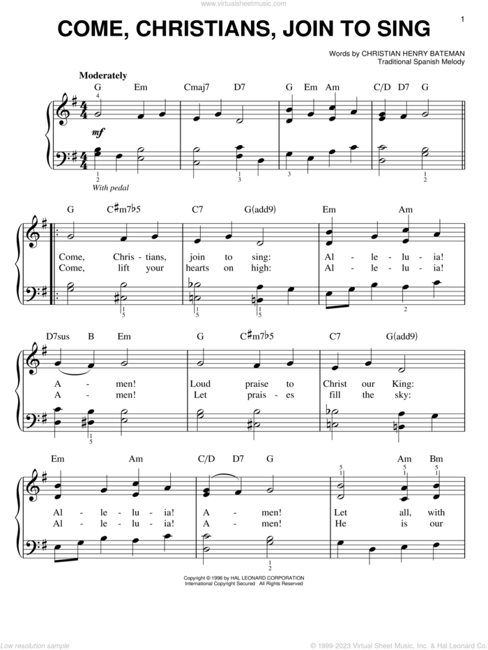 Come, Christians, Join To Sing, (easy) sheet music for piano solo by Christian Henry Bateman and Miscellaneous, easy skill level