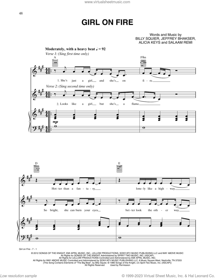Girl On Fire sheet music for voice, piano or guitar by Alicia Keys, Jeff Bhasker, Salaam Remi and William Squier, intermediate skill level
