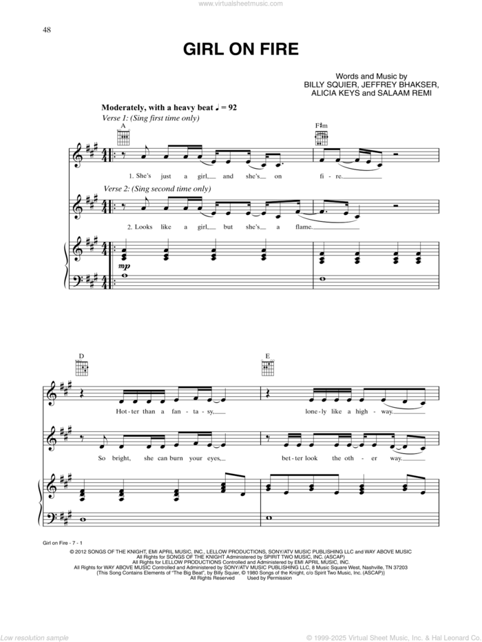 Girl On Fire sheet music for voice, piano or guitar by Alicia Keys, Jeff Bhasker, Salaam Remi and William Squier, intermediate skill level