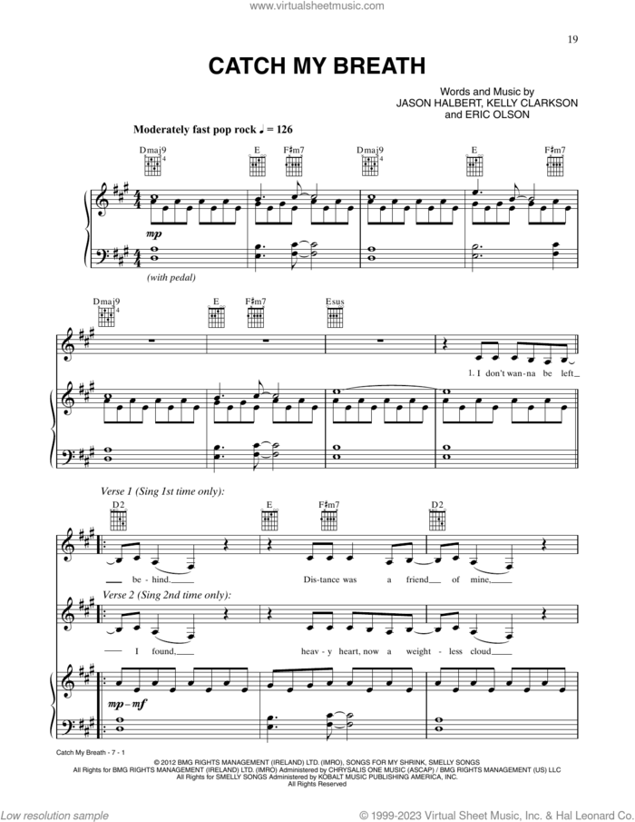 Catch My Breath sheet music for voice, piano or guitar by Kelly Clarkson, Eric Olson and Jason Halbert, intermediate skill level
