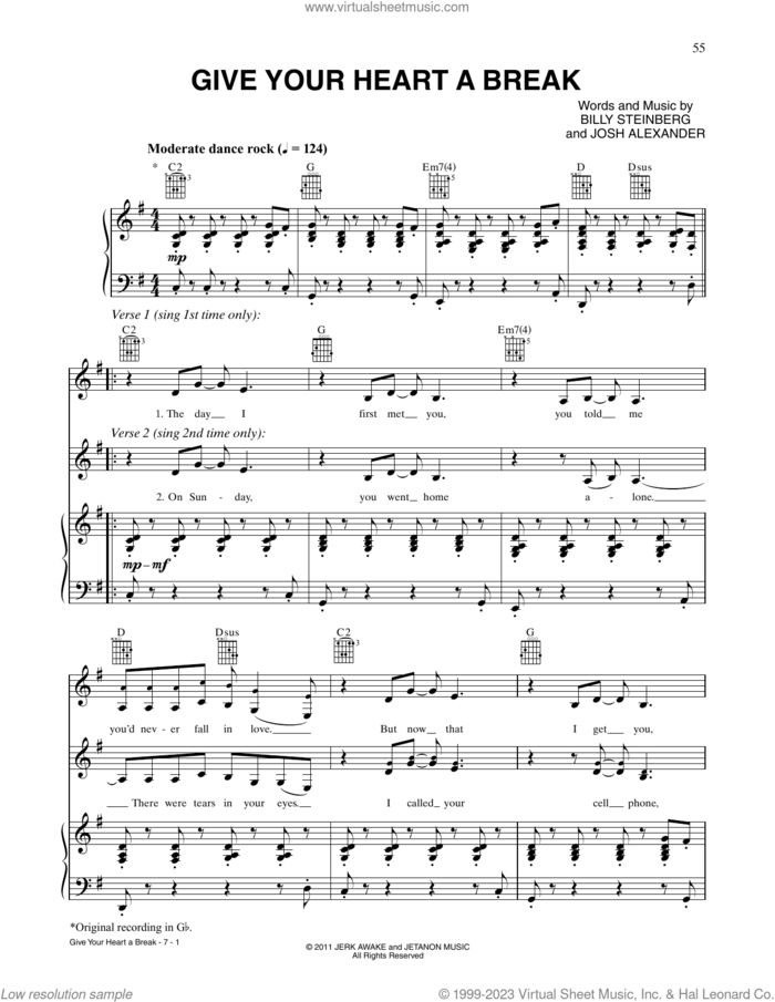 Give Your Heart A Break sheet music for voice, piano or guitar by Demi Lovato, Billy Steinberg and Josh Alexander, intermediate skill level