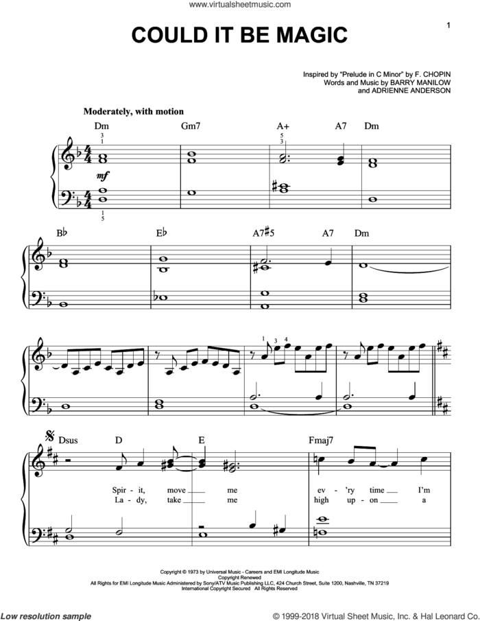 Could It Be Magic sheet music for piano solo by Barry Manilow and Adrienne Anderson, easy skill level