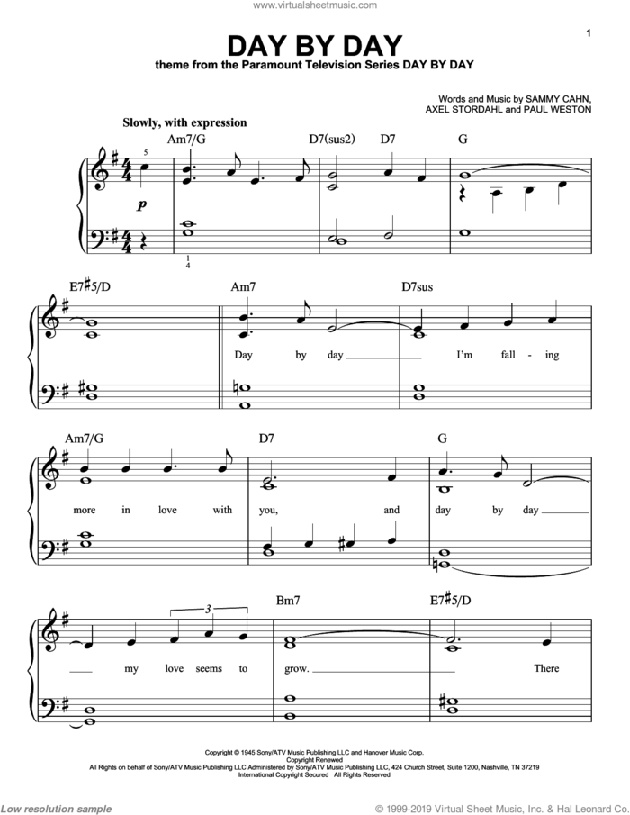 Day By Day sheet music for piano solo by Frank Sinatra, Axel Stordahl, Paul Weston and Sammy Cahn, wedding score, easy skill level