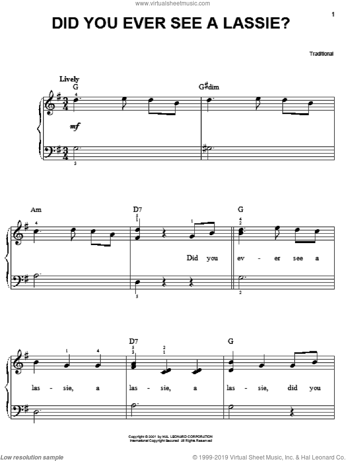 Did You Ever See A Lassie? sheet music for piano solo, easy skill level