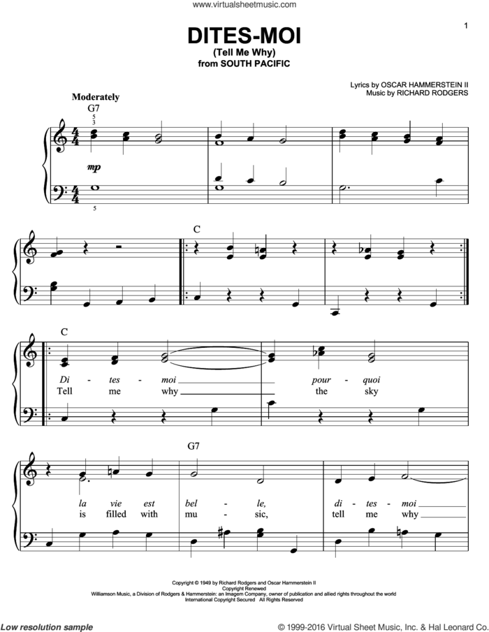 Dites-Moi (Tell Me Why) sheet music for piano solo by Rodgers & Hammerstein, South Pacific (Musical), Oscar II Hammerstein and Richard Rodgers, easy skill level