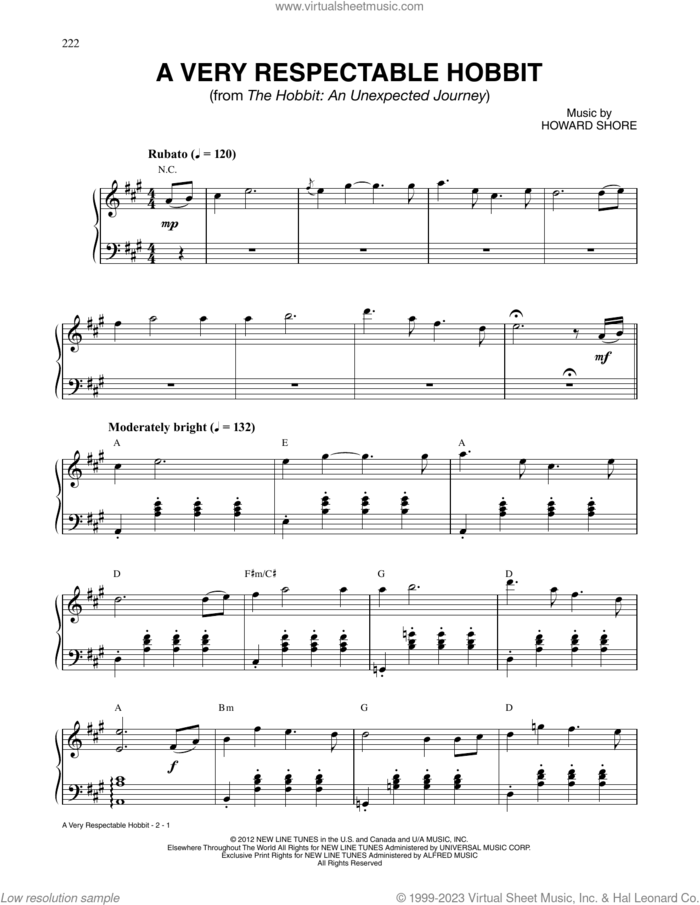 A Very Respectable Hobbit (from The Hobbit: An Unexpected Journey) sheet music for piano solo by Howard Shore, intermediate skill level