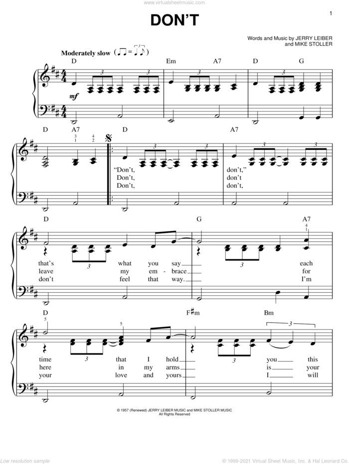 Don't sheet music for piano solo by Elvis Presley, Leiber & Stoller, Jerry Leiber and Mike Stoller, easy skill level