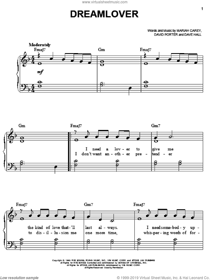 Dreamlover sheet music for piano solo by Mariah Carey, Dave Hall and David Porter, easy skill level