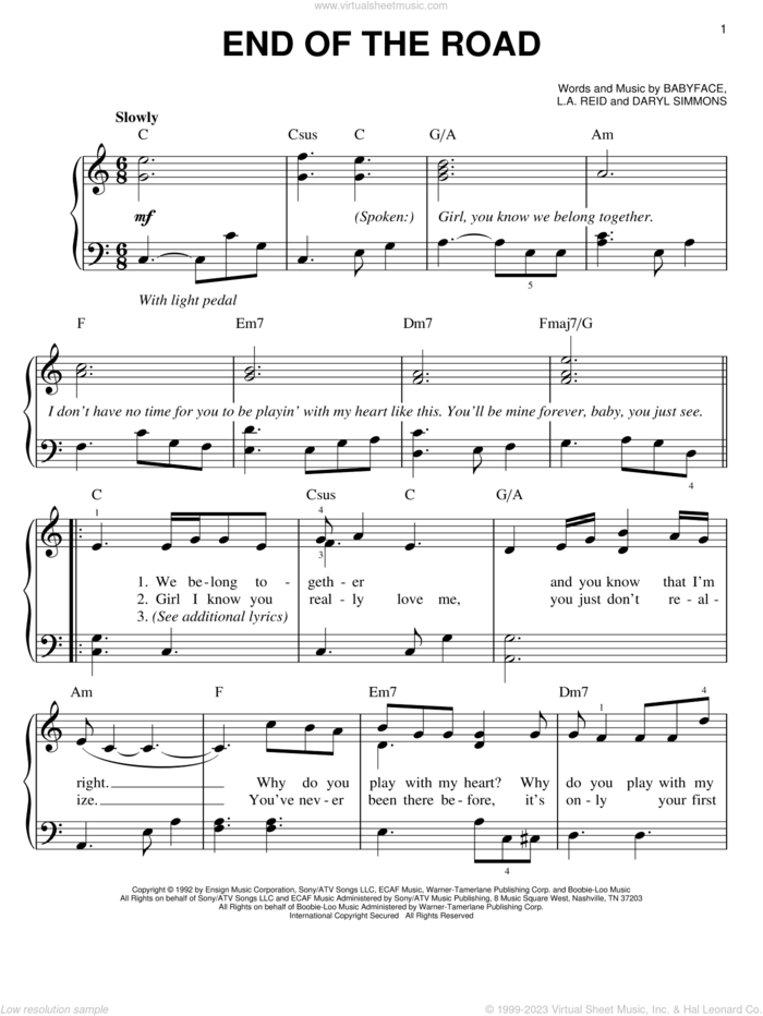 End Of The Road, (easy) sheet music for piano solo by Boyz II Men, Babyface, Daryl Simmons and L.A. Reid, easy skill level
