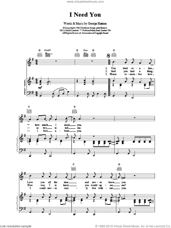 I Need You sheet music for voice, piano or guitar by The Beatles, intermediate skill level