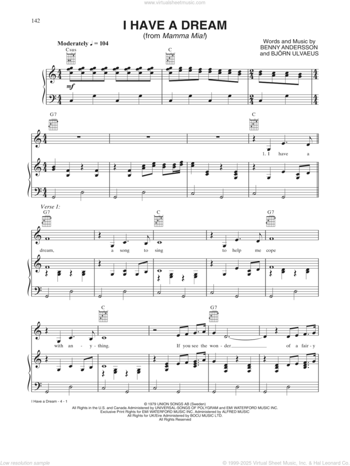 I Have A Dream (from Mamma Mia!) sheet music for voice, piano or guitar by ABBA, Benny Andersson and Bjorn Ulvaeus, intermediate skill level