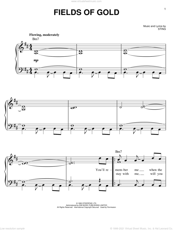 Fields Of Gold, (easy) sheet music for piano solo by Sting, easy skill level