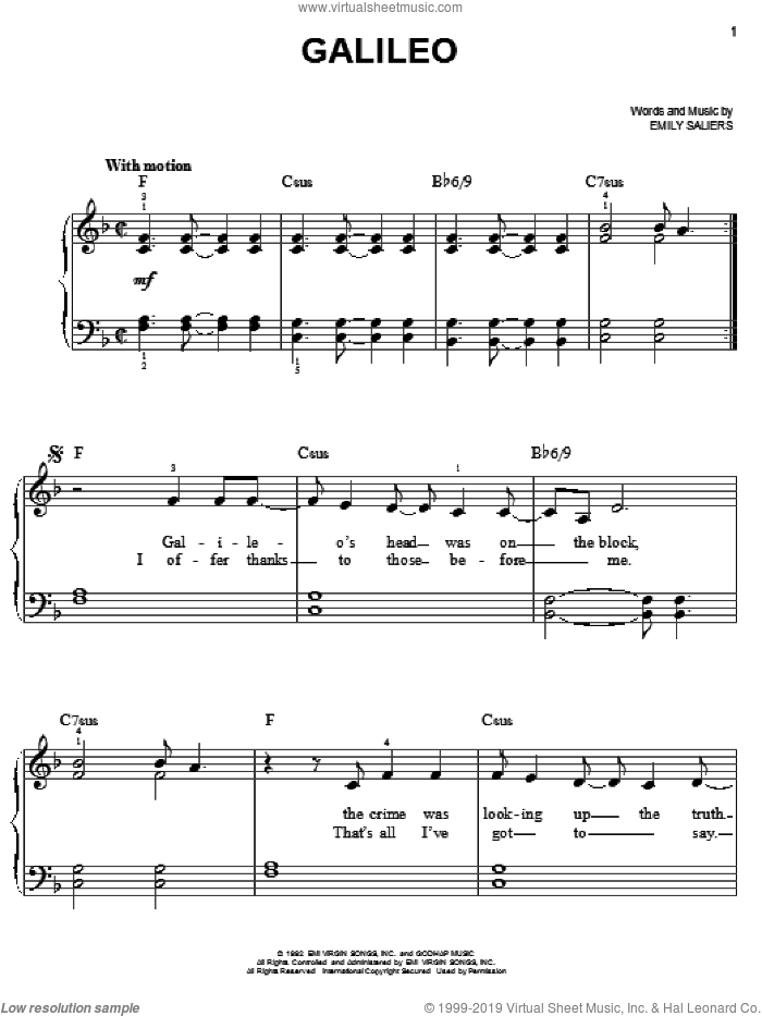 Galileo sheet music for piano solo by Indigo Girls and Emily Saliers, easy skill level