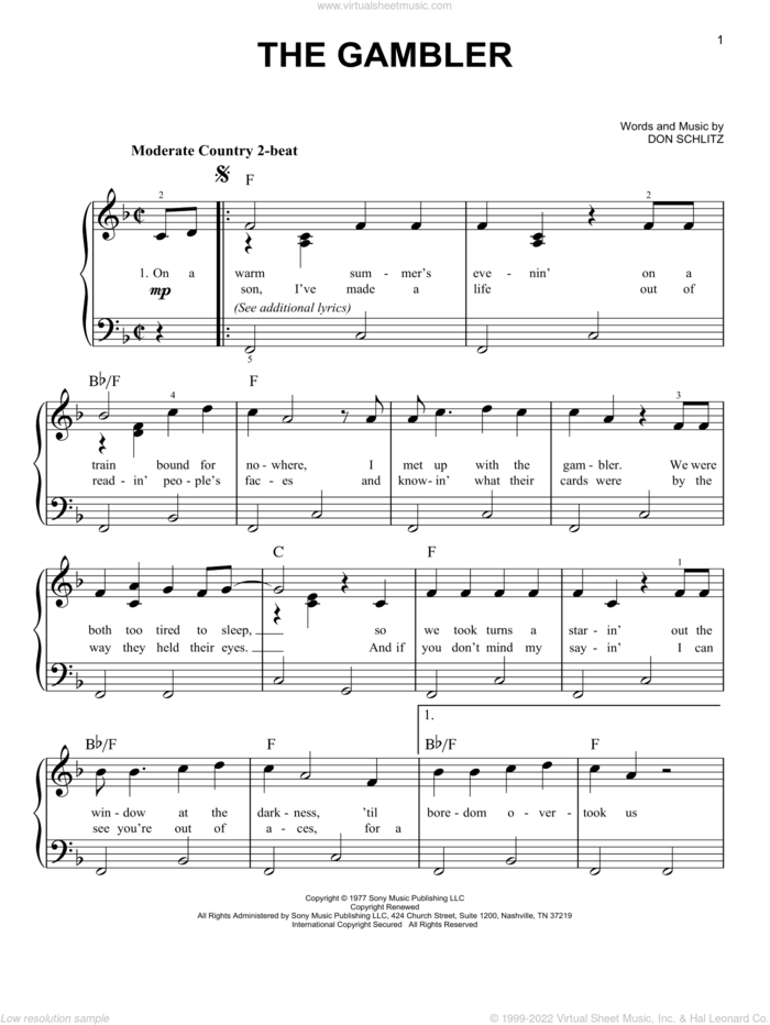 The Gambler, (beginner) sheet music for piano solo by Kenny Rogers and Don Schlitz, beginner skill level