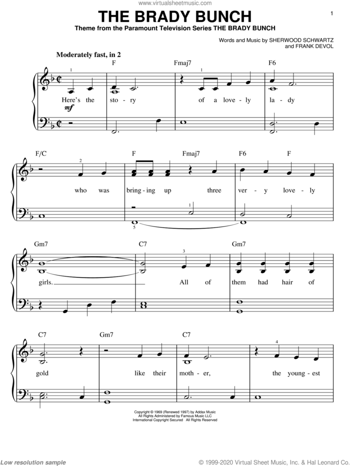 The Brady Bunch sheet music for piano solo by Sherwood Schwartz and Frank DeVol, easy skill level