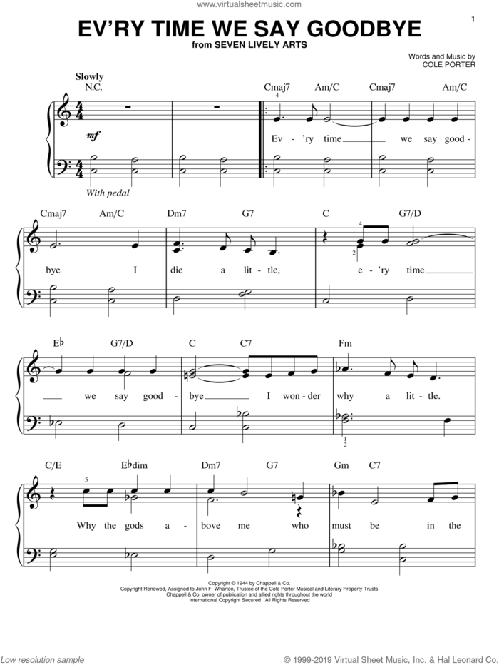 Ev'ry Time We Say Goodbye sheet music for piano solo by Cole Porter, easy skill level