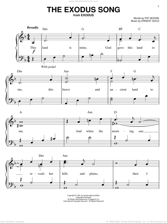 The Exodus Song, (easy) sheet music for piano solo by Pat Boone and Ernest Gold, easy skill level