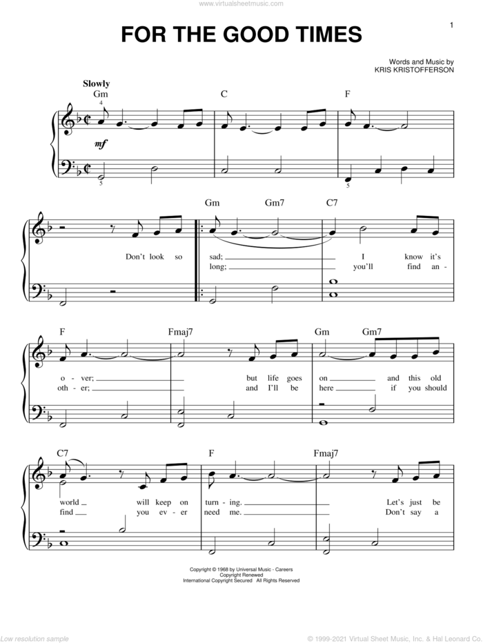 For The Good Times sheet music for piano solo by Ray Price, Elvis Presley and Kris Kristofferson, easy skill level