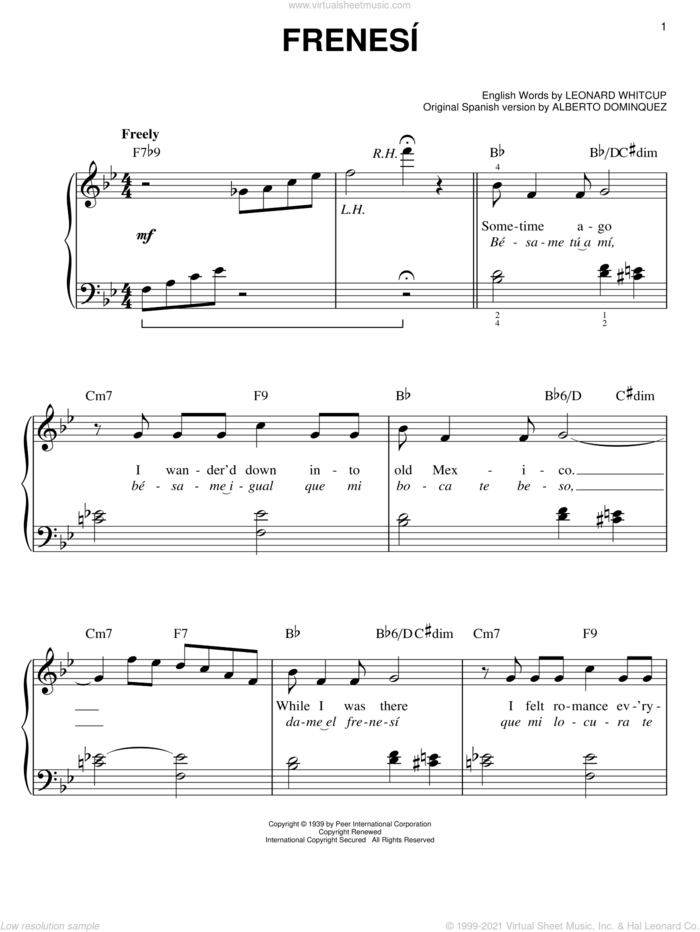 Frenesi sheet music for piano solo by Alberto Dominguez, easy skill level