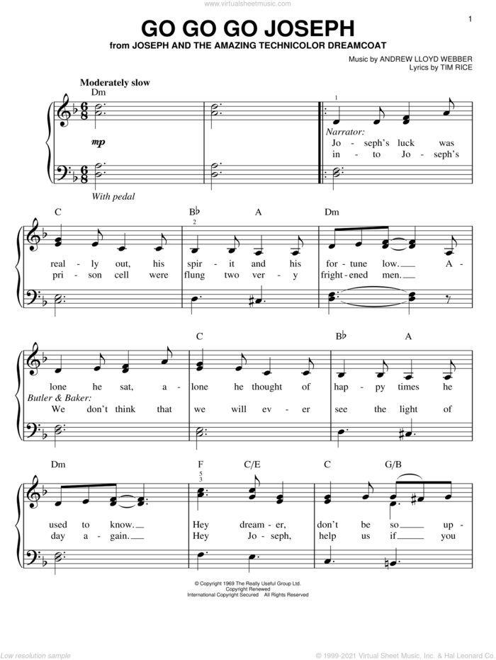 Go Go Go Joseph sheet music for piano solo by Andrew Lloyd Webber, Joseph And The Amazing Technicolor Dreamcoat (Musical) and Tim Rice, easy skill level