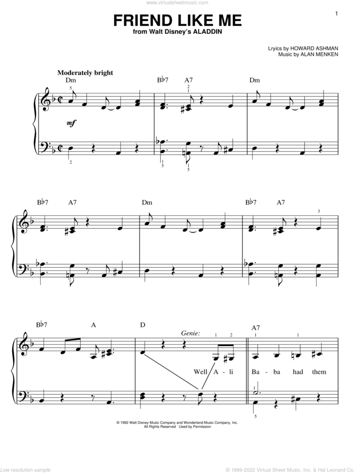 Friend Like Me (from Aladdin), (easy) sheet music for piano solo by Alan Menken and Howard Ashman, easy skill level