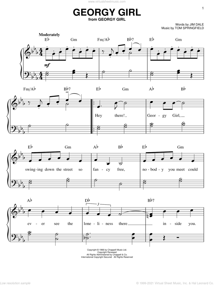 Georgy Girl sheet music for piano solo by The Seekers, Jim Dale and Tom Springfield, easy skill level