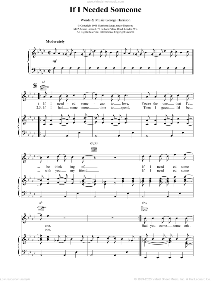 If I Needed Someone sheet music for voice, piano or guitar by The Beatles and George Harrison, intermediate skill level