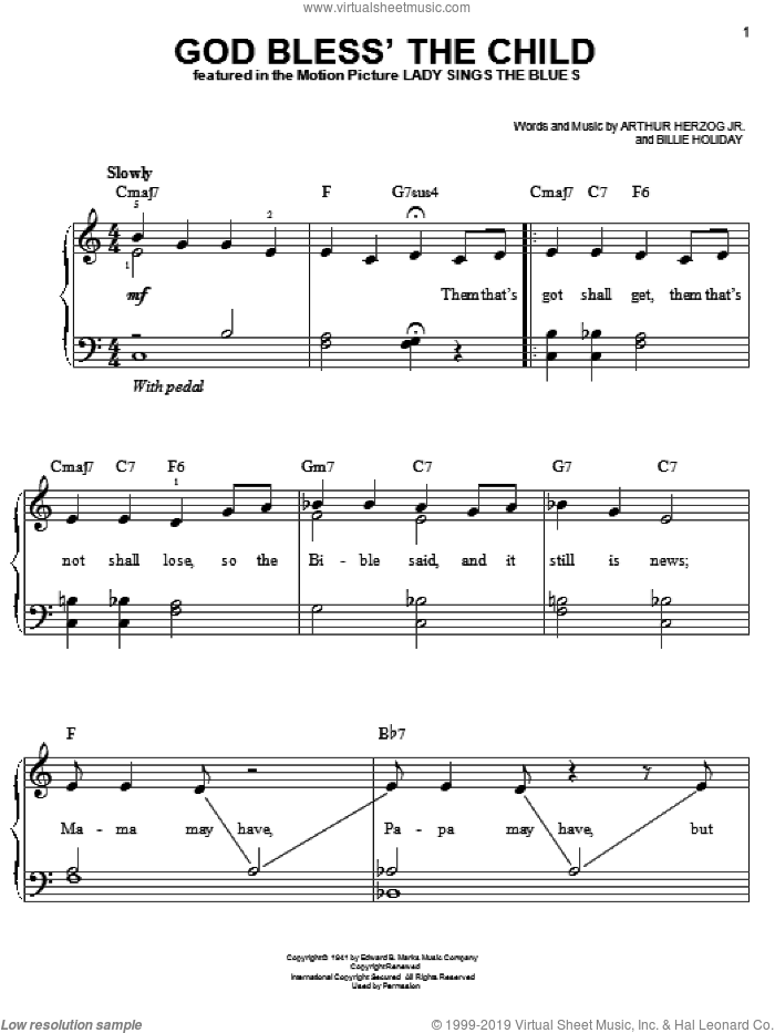 God Bless' The Child sheet music for piano solo by Billie Holiday and Arthur Herzog Jr., easy skill level