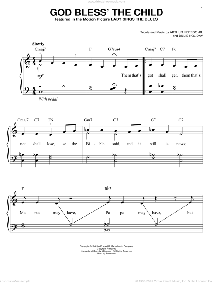 God Bless' The Child sheet music for piano solo by Billie Holiday and Arthur Herzog Jr., easy skill level