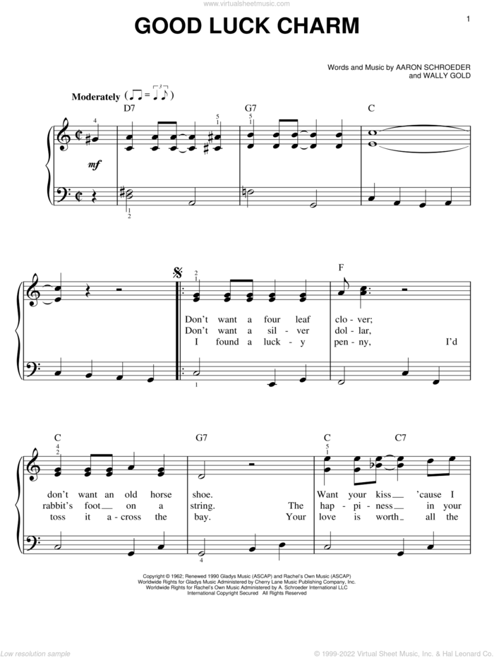 Good Luck Charm, (easy) sheet music for piano solo by Elvis Presley, Aaron Schroeder and Wally Gold, easy skill level