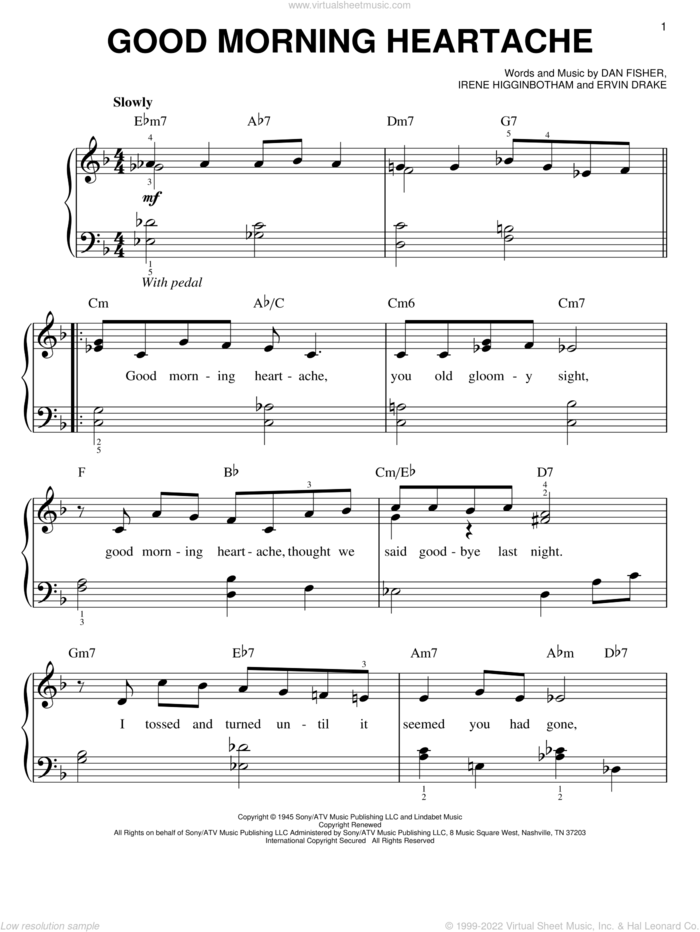 Good Morning Heartache, (easy) sheet music for piano solo by Billie Holiday, Dan Fisher, Ervin Drake and Irene Higginbotham, easy skill level
