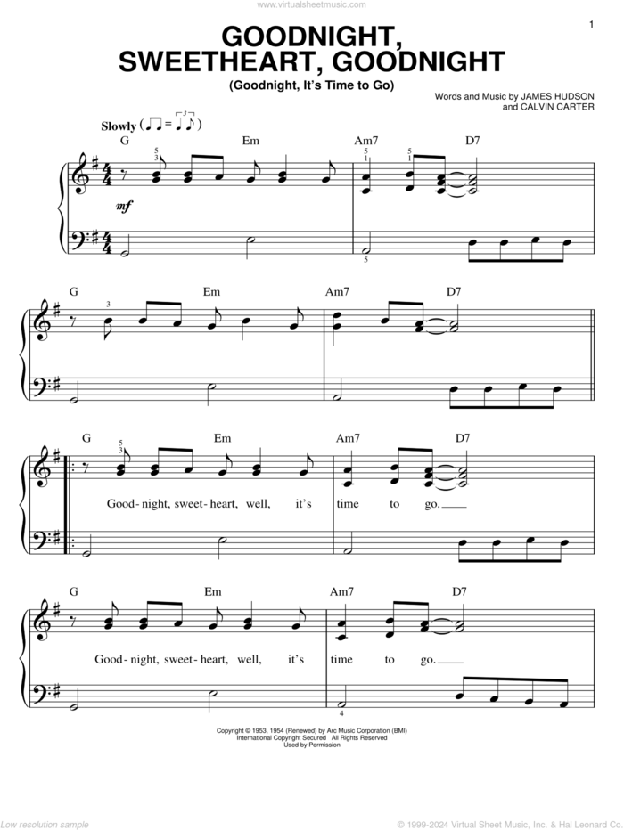 Goodnight, Sweetheart, Goodnight (Goodnight, It's Time To Go) sheet music for piano solo by The Moonglows, Dean Martin, The Platters, The Spaniels, Calvin Carter and James Hudson, easy skill level