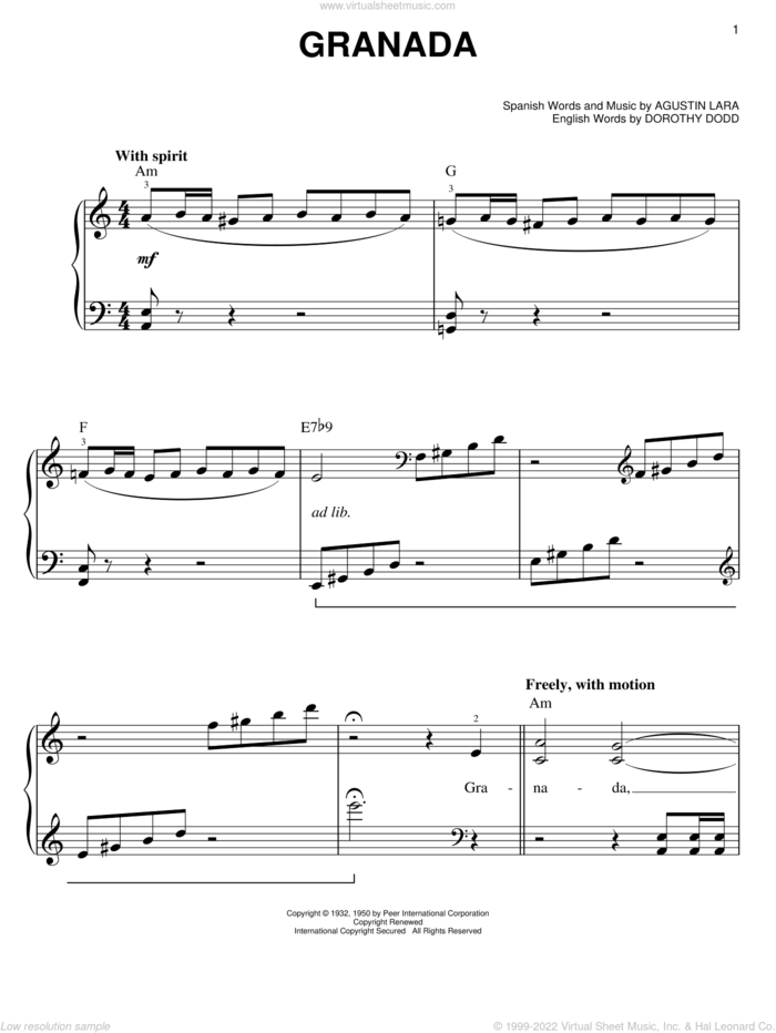 Granada, (easy) sheet music for piano solo by Agustin Lara and Dorothy Dodd, easy skill level