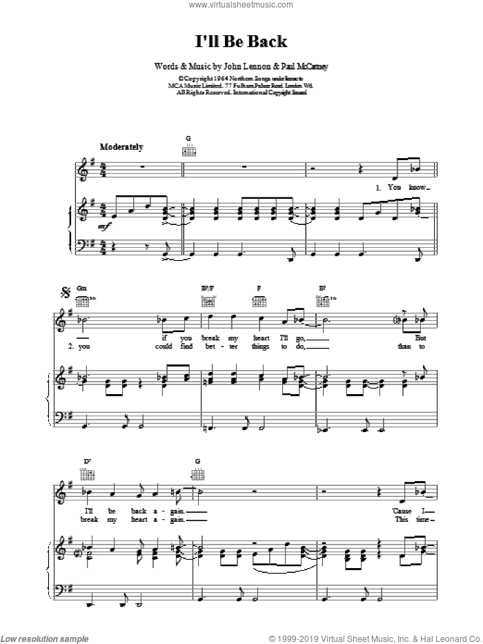 I'll Be Back sheet music for voice, piano or guitar by The Beatles, intermediate skill level