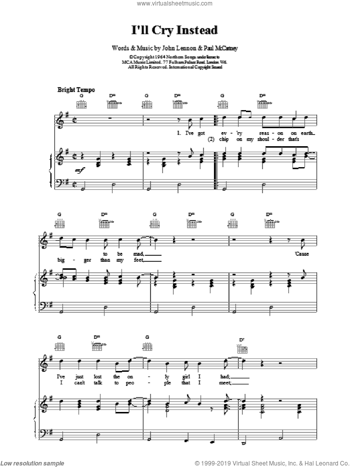 I'll Cry Instead sheet music for voice, piano or guitar by The Beatles, intermediate skill level