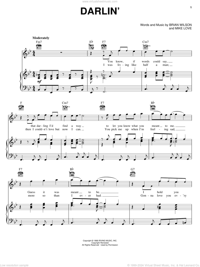 Darlin' sheet music for voice, piano or guitar by The Beach Boys, Brian Wilson and Mike Love, intermediate skill level