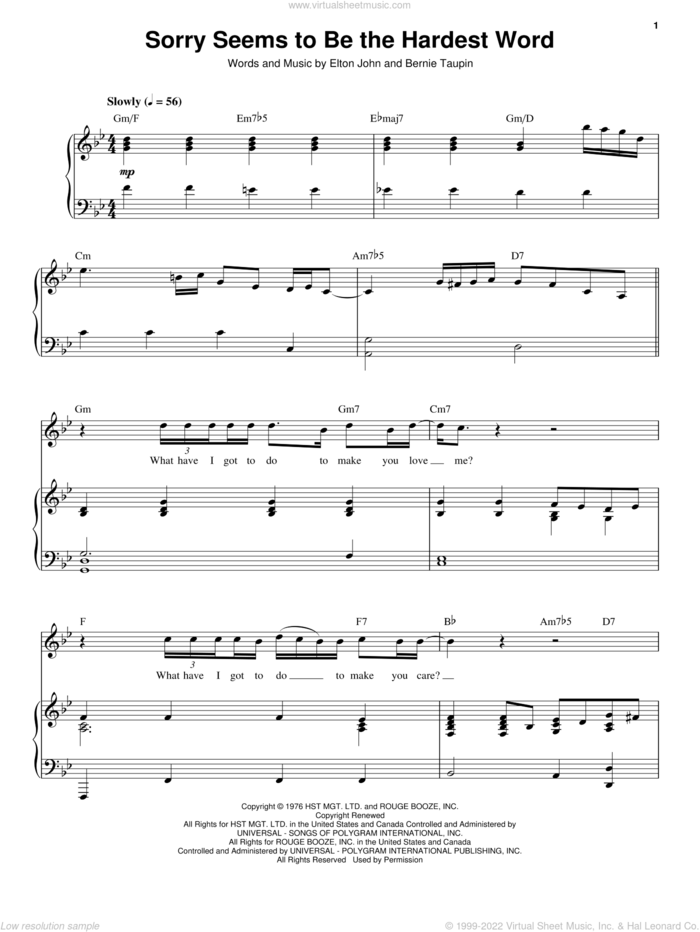 Sorry Seems To Be The Hardest Word sheet music for voice and piano by Elton John and Bernie Taupin, intermediate skill level