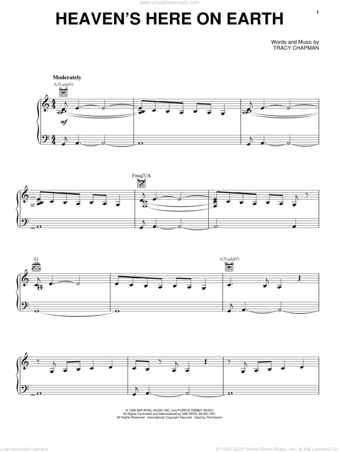 Heaven's Here On Earth sheet music for voice, piano or guitar by Tracy Chapman, intermediate skill level