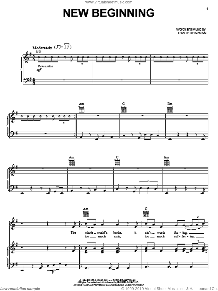 New Beginning sheet music for voice, piano or guitar by Tracy Chapman, intermediate skill level
