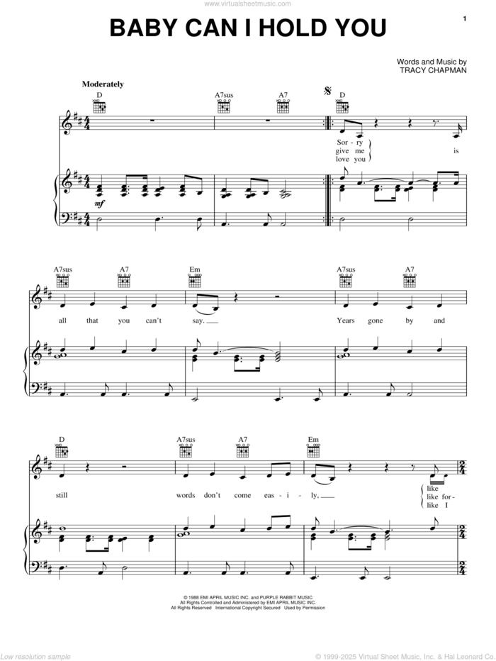 Baby Can I Hold You sheet music for voice, piano or guitar by Tracy Chapman, intermediate skill level