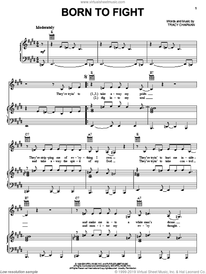 Born To Fight sheet music for voice, piano or guitar by Tracy Chapman, intermediate skill level