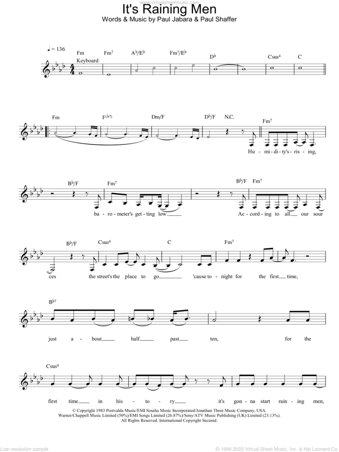 It's Raining Men sheet music for voice and other instruments (fake book) by Geri Halliwell and The Weather Girls, intermediate skill level