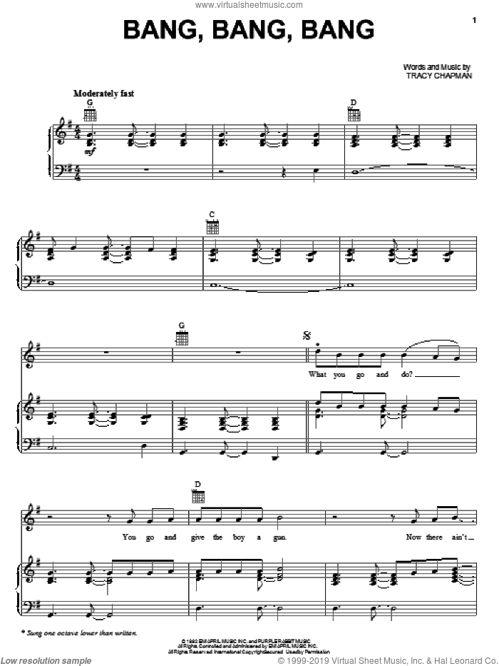 Bang Bang Bang sheet music for voice, piano or guitar by Tracy Chapman, intermediate skill level
