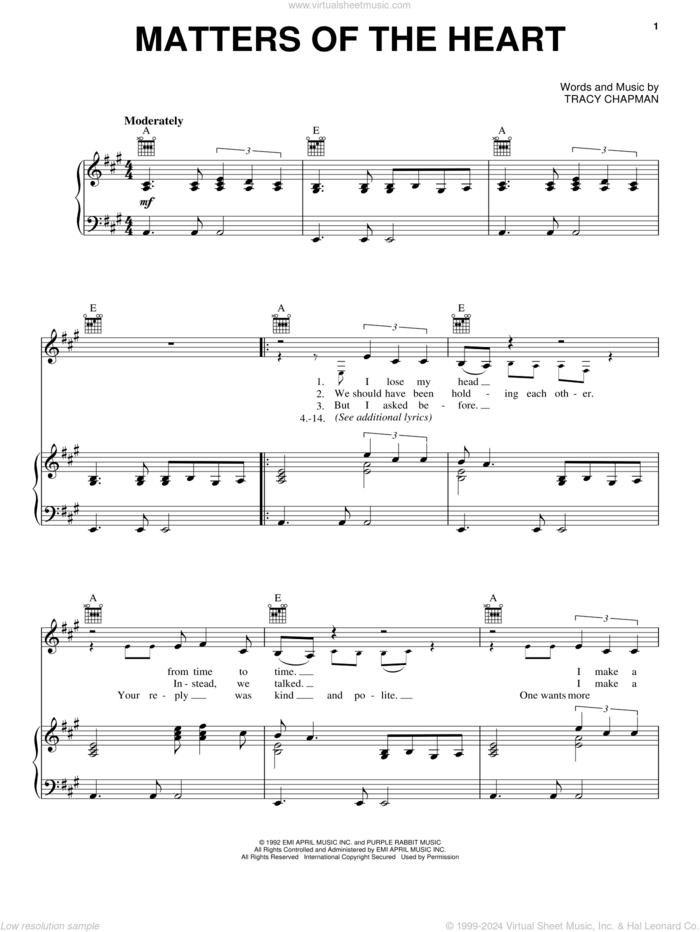 Matters Of The Heart sheet music for voice, piano or guitar by Tracy Chapman, intermediate skill level