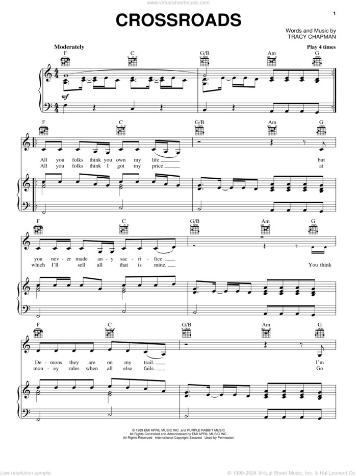 Crossroads sheet music for voice, piano or guitar by Tracy Chapman, intermediate skill level