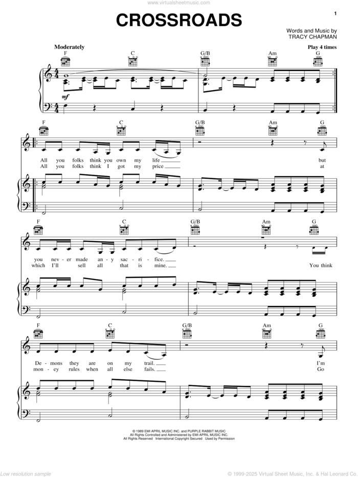 Crossroads sheet music for voice, piano or guitar by Tracy Chapman, intermediate skill level