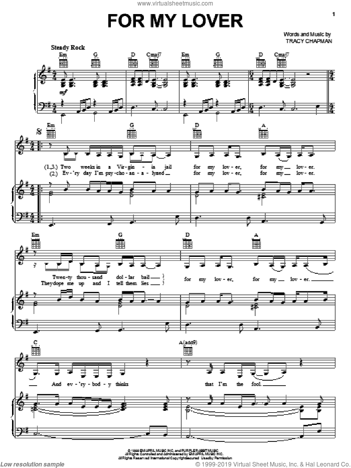 For My Lover sheet music for voice, piano or guitar by Tracy Chapman, intermediate skill level