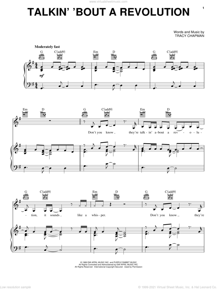 Talkin' Bout A Revolution sheet music for voice, piano or guitar by Tracy Chapman, intermediate skill level
